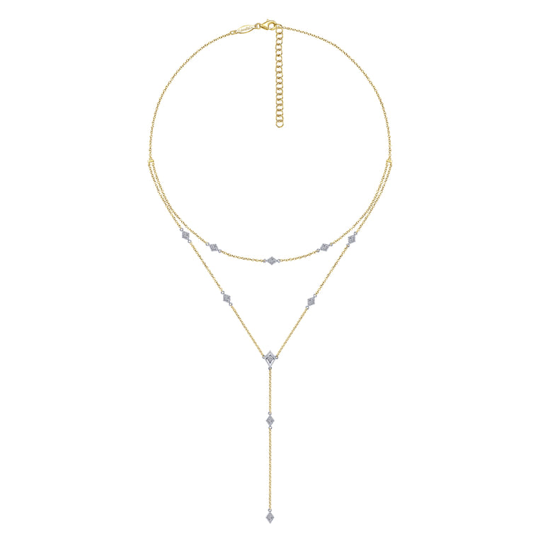 14K Yellow-White Gold Two Strand Diamond Station Y Necklace - 0.17 ct - Shot 2