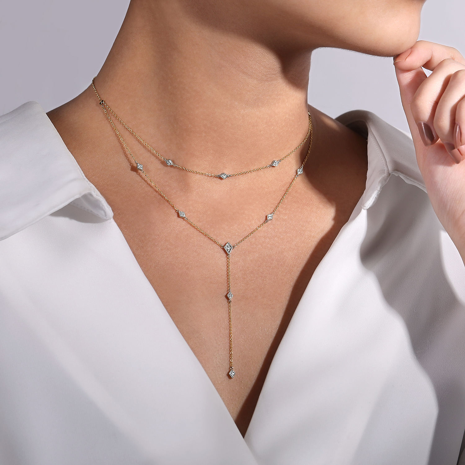 14K Yellow-White Gold Two Strand Diamond Station Y Necklace - 0.17 ct - Shot 3