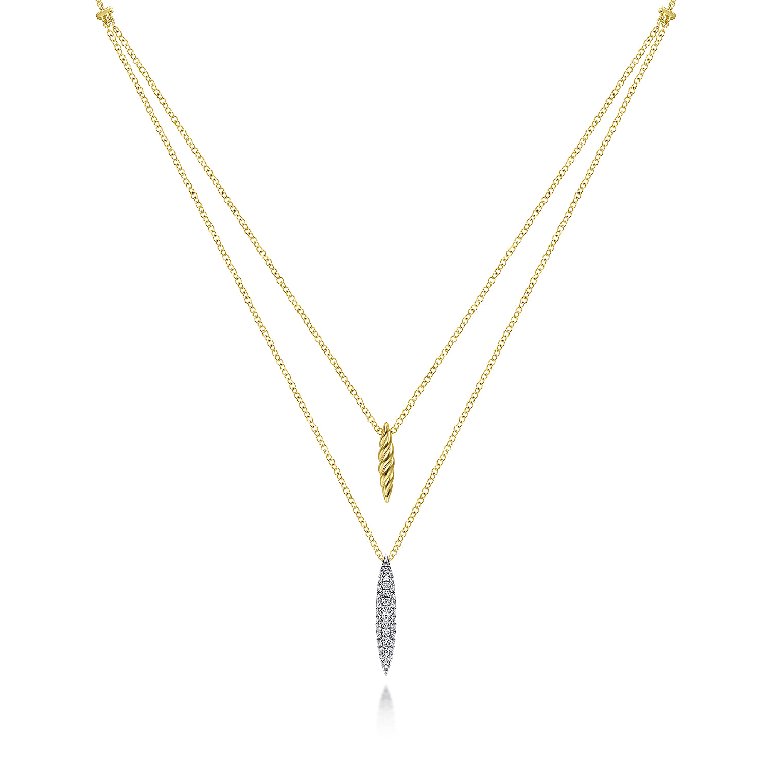 14K Yellow-White Gold Two Strand Necklace with Twisted Rope and Pave Diamond Spike