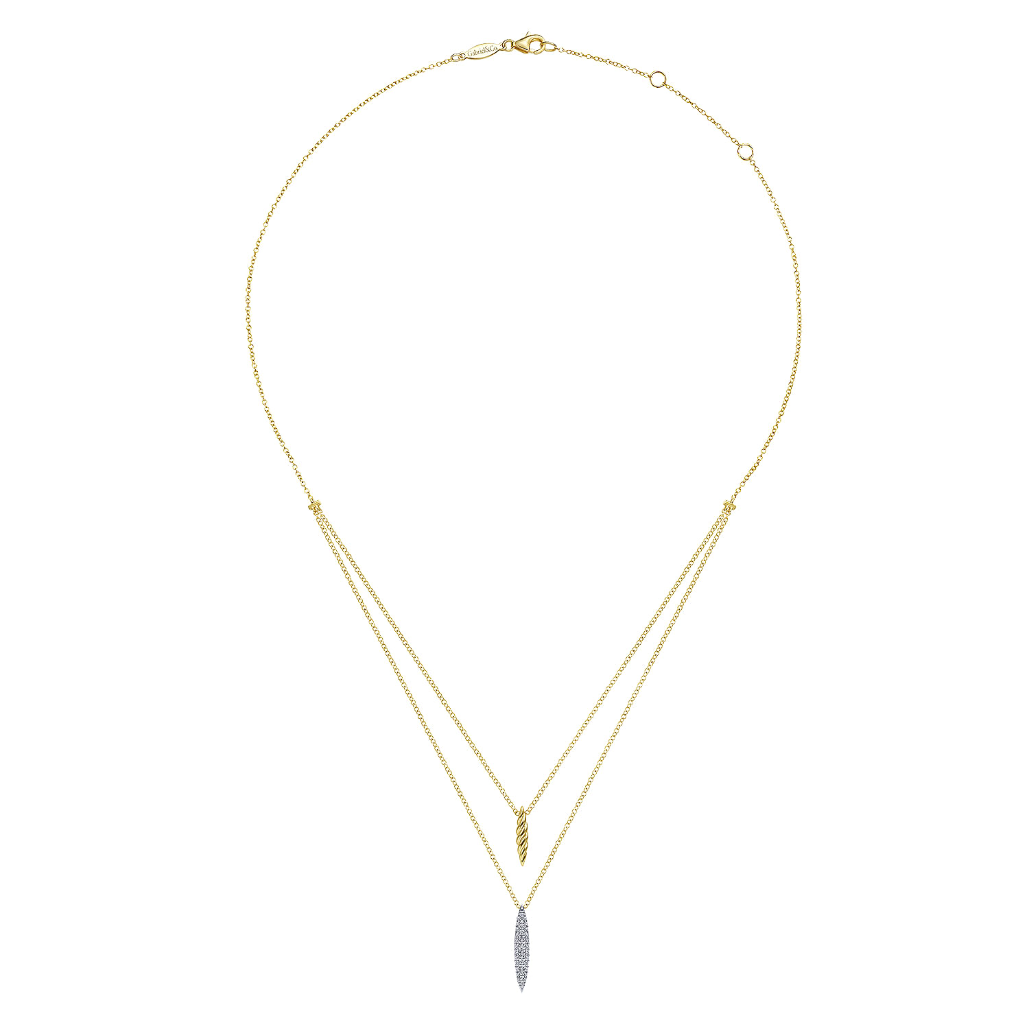 14K Yellow-White Gold Two Strand Necklace with Twisted Rope and Pave Diamond Spike