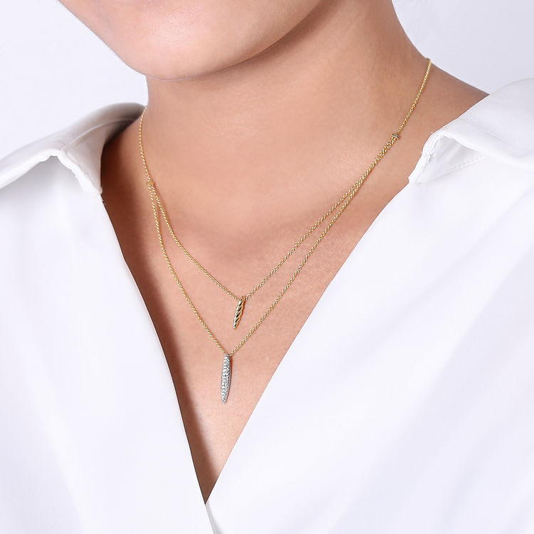 14K Yellow-White Gold Two Strand Necklace with Twisted Rope and Pave Diamond Spike