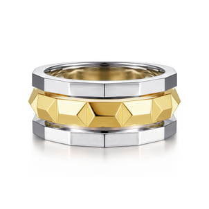 14K Yellow-White Gold Wide Faceted Ring in High Polished Finish