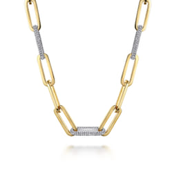 14K Yellow-White Paper Clip Chain Necklace with Diamond Stations
