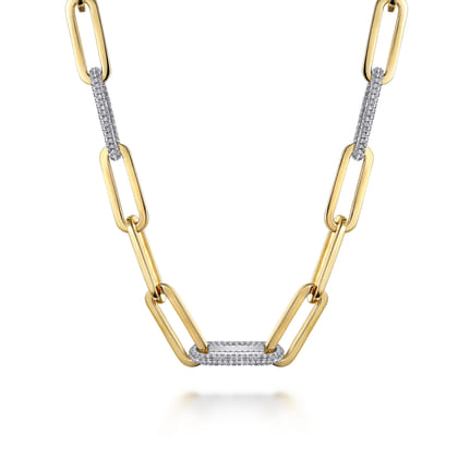 14K Yellow-White Paper Clip Chain Necklace with Diamond Stations