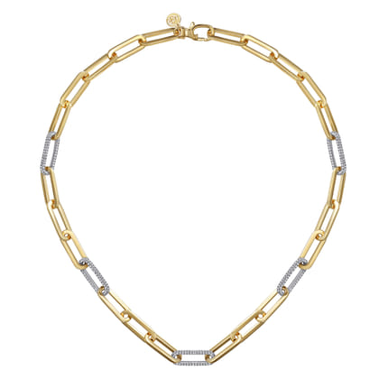 14K Yellow-White Paper Clip Chain Necklace with Diamond Stations