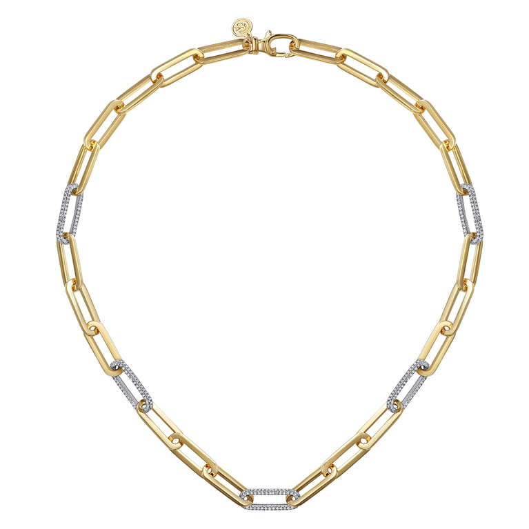 14K Yellow-White Paper Clip Chain Necklace with Diamond Stations - 2.13 ct - Shot 2