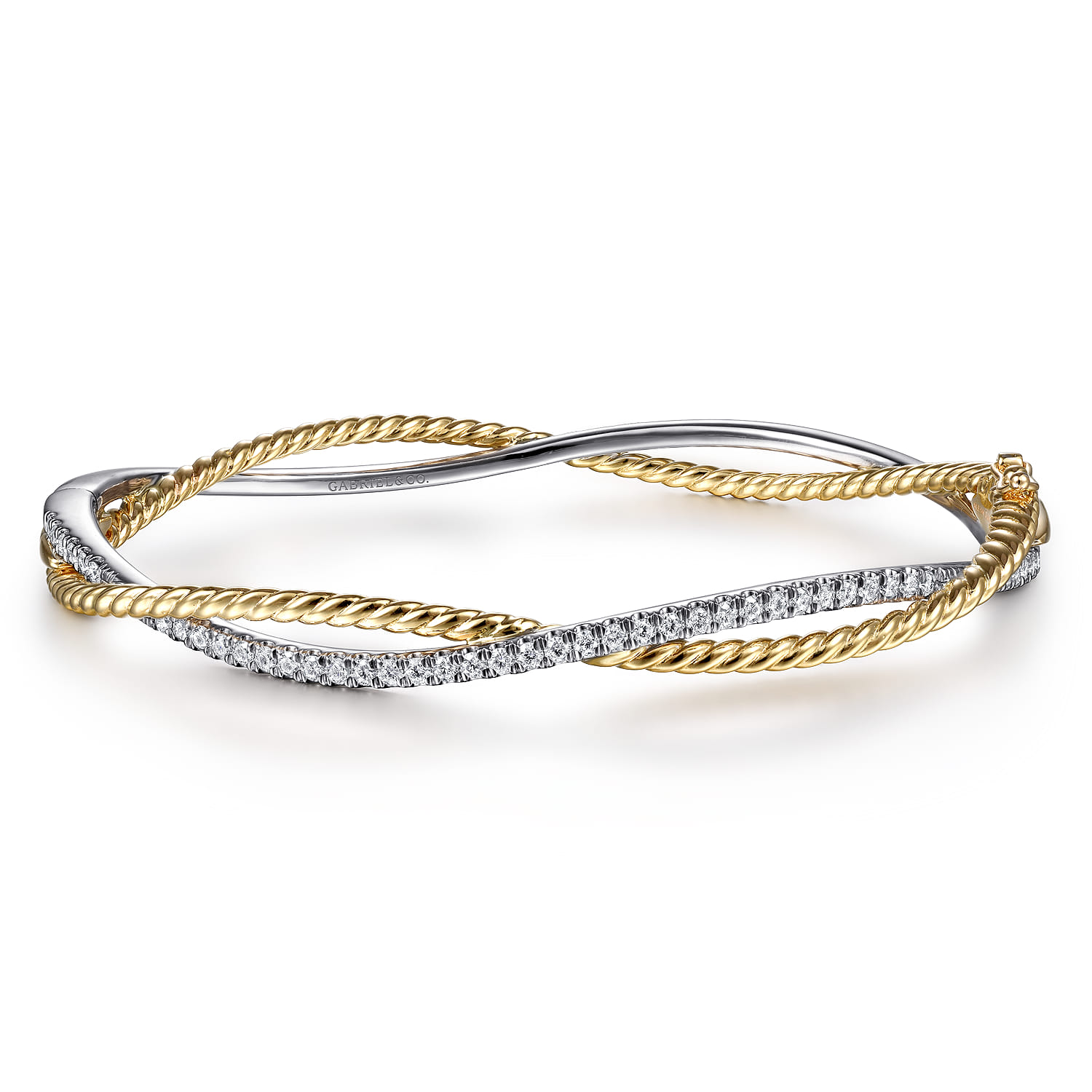 14K Yellow-White Twisted Rope and Diamond Bangle Bracelet - 0.65 ct - Shot 1