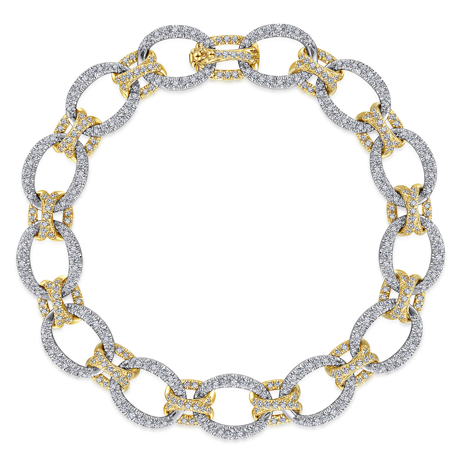 14K Yellow and White Gold Bracelet with Alternating Links and Pave Diamonds - 2.26 ct - Shot 1