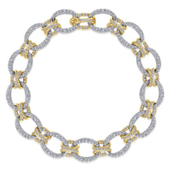 14K Yellow and White Gold Bracelet with Alternating Links and Pave Diamonds
