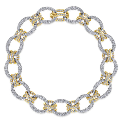 14K Yellow and White Gold Bracelet with Alternating Links and Pave Diamonds