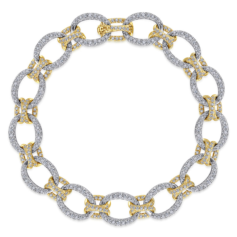 14K Yellow and White Gold Bracelet with Alternating Links and Pave Diamonds - 2.26 ct - Shot 1