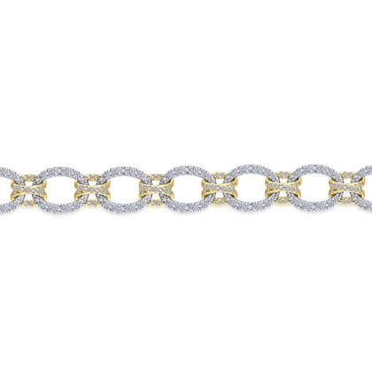 14K Yellow and White Gold Bracelet with Alternating Links and Pave Diamonds