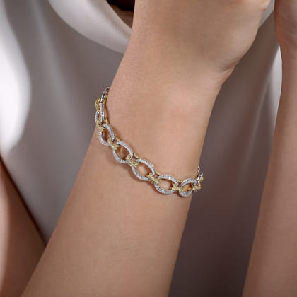 14K Yellow and White Gold Bracelet with Alternating Links and Pave Diamonds