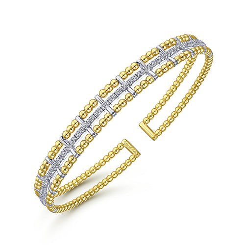 14K Yellow and White Gold Bujukan Bead Cuff Bracelet with Inner Diamond Channel - 0.35 ct - Shot 2