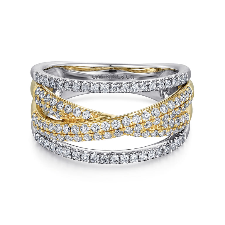 14K Yellow and White Gold Criss Crossing Multi Row Diamond Ring - 0.6 ct - Shot 1