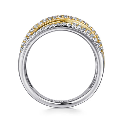 14K Yellow and White Gold Criss Crossing Multi Row Diamond Ring