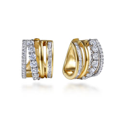 14K Yellow and White Gold Diamond 15mm Huggie Earrings