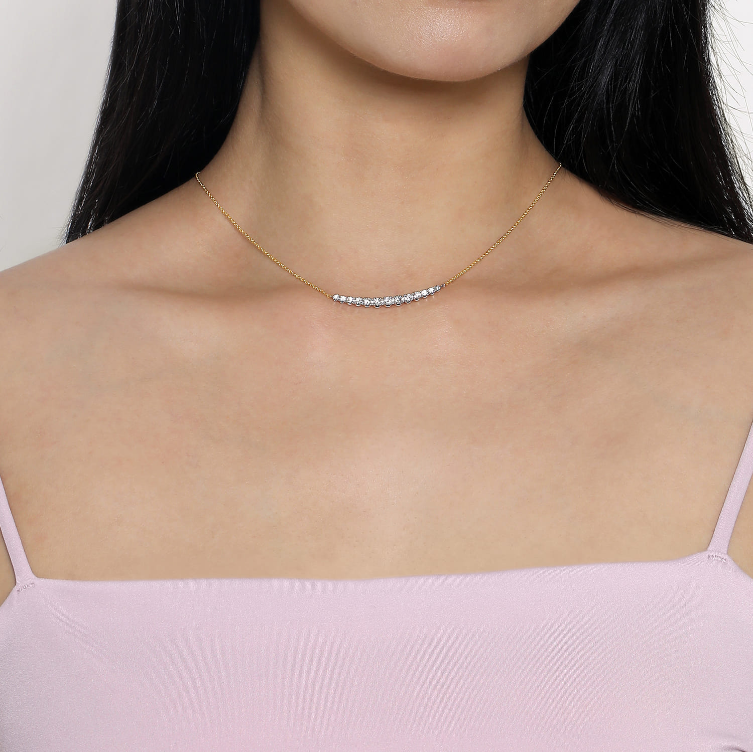 14K Yellow and White Gold Graduating Diamond Bar Necklace - 0.75 ct - Shot 3