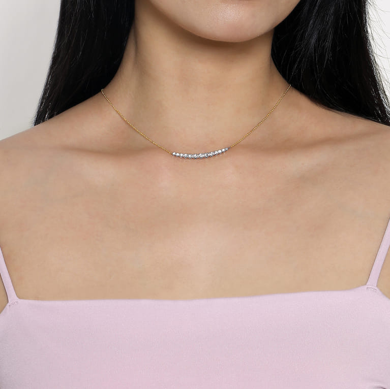 14K Yellow and White Gold Graduating Diamond Bar Necklace - 0.75 ct - Shot 3