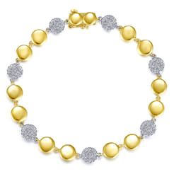 14K Yellow and White Gold Round Discs and Pave Diamond Tennis Bracelet