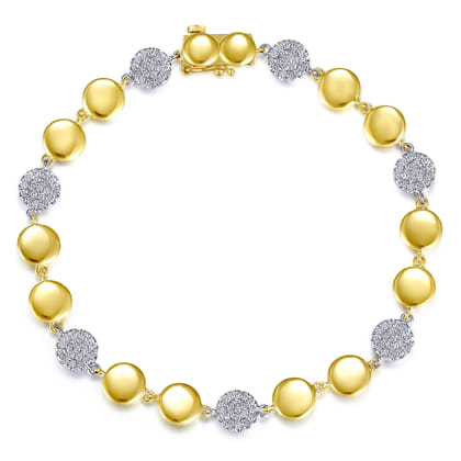 14K Yellow and White Gold Round Discs and Pave Diamond Tennis Bracelet