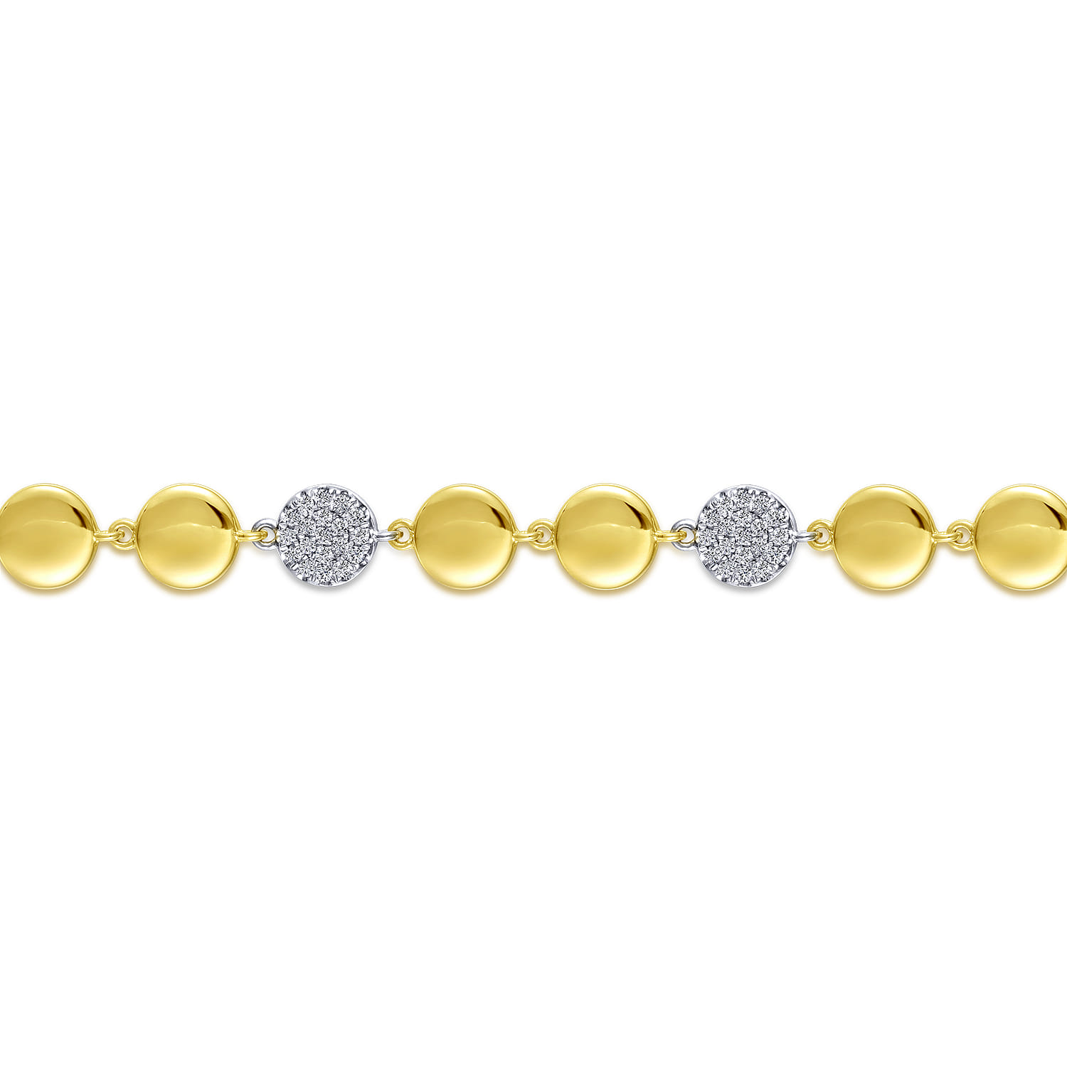 14K Yellow and White Gold Round Discs and Pave Diamond Tennis Bracelet - 0.65 ct - Shot 2