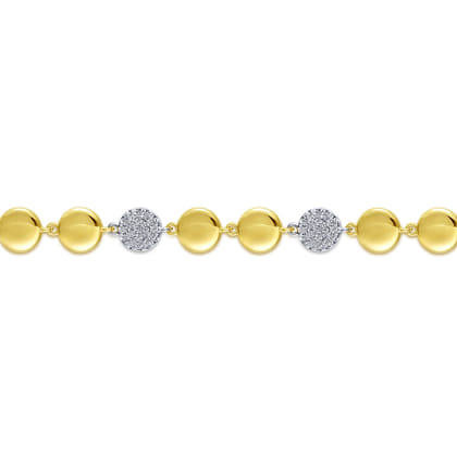 14K Yellow and White Gold Round Discs and Pave Diamond Tennis Bracelet
