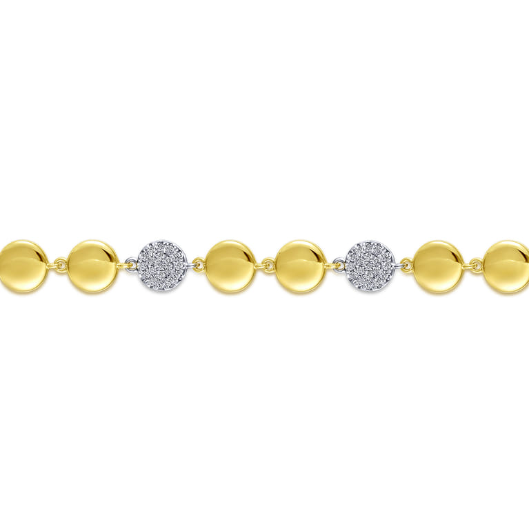 14K Yellow and White Gold Round Discs and Pave Diamond Tennis Bracelet - 0.65 ct - Shot 2