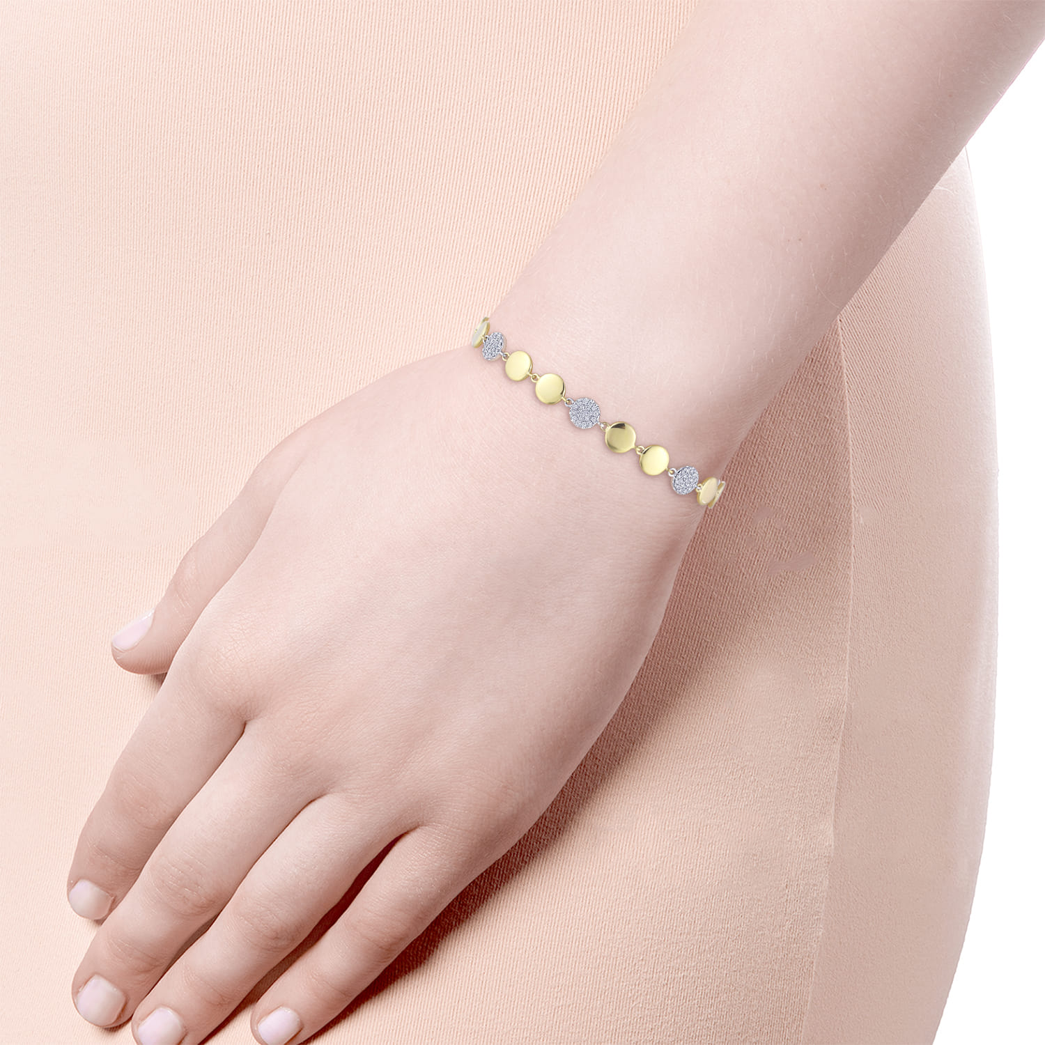 14K Yellow and White Gold Round Discs and Pave Diamond Tennis Bracelet - 0.65 ct - Shot 3