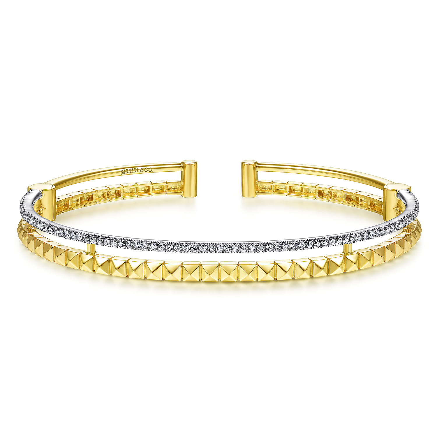 14K Yellow and White Gold Split Cuff with Pyramids and Diamonds - 0.4 ct - Shot 1