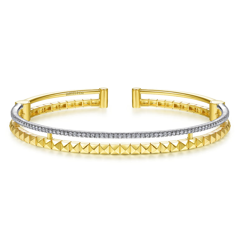 14K Yellow and White Gold Split Cuff with Pyramids and Diamonds - 0.4 ct - Shot 1