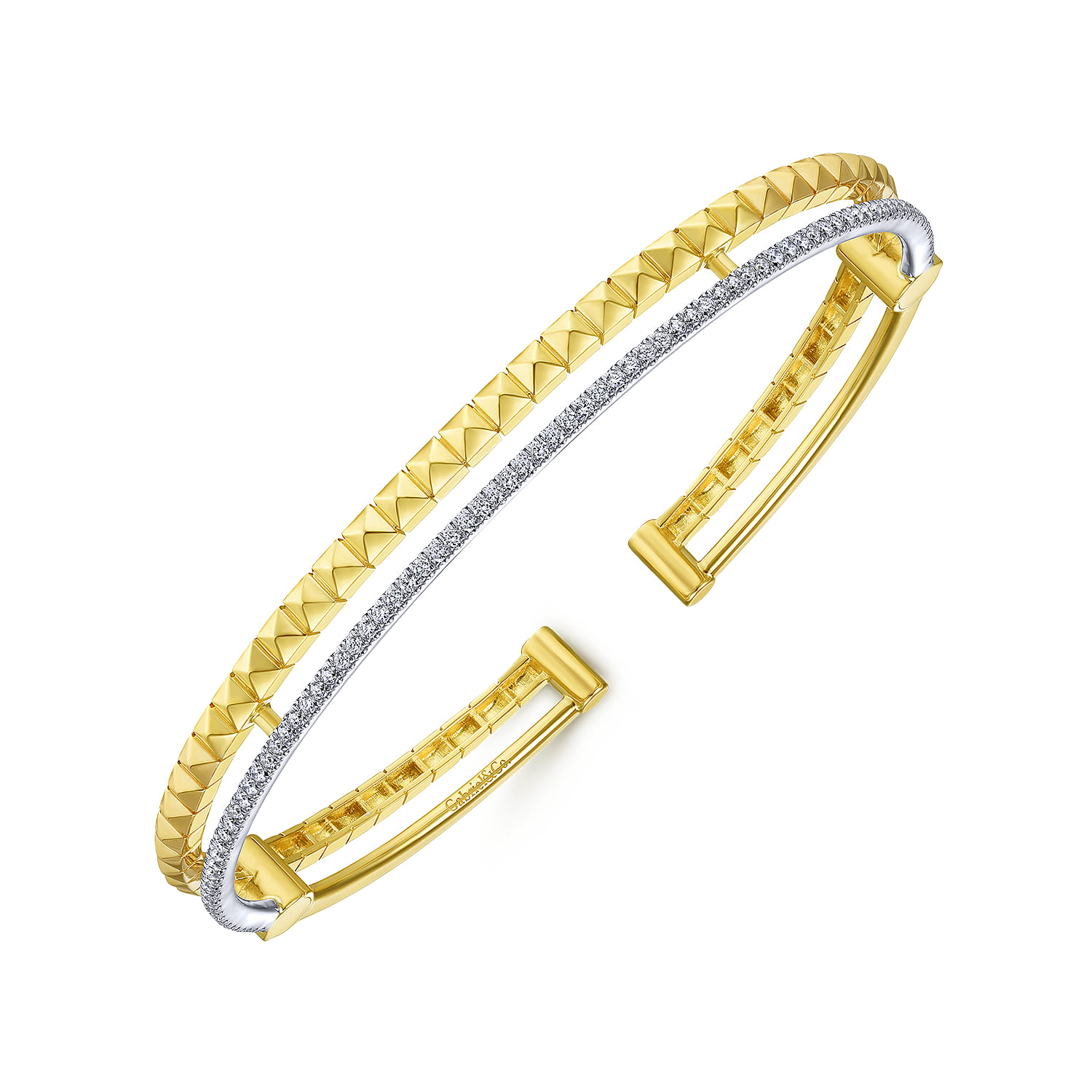 14K Yellow and White Gold Split Cuff with Pyramids and Diamonds - 0.4 ct - Shot 2