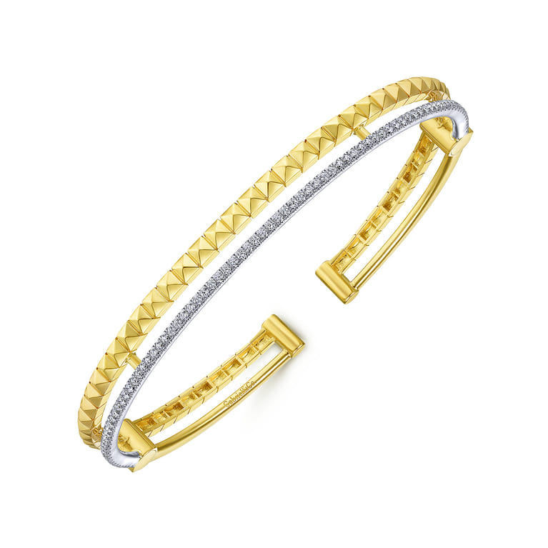 14K Yellow and White Gold Split Cuff with Pyramids and Diamonds - 0.4 ct - Shot 2