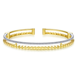 14K Yellow and White Gold Split Cuff with Pyramids and Diamonds