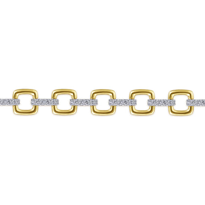 14K Yellow and White Gold Square Link Tennis Bracelet with Diamond Link Connectors