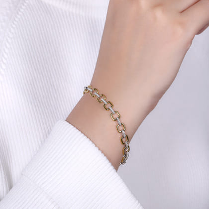 14K Yellow and White Gold Square Link Tennis Bracelet with Diamond Link Connectors