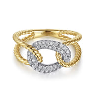 14K Yellow and White Gold Twisted Rope Link Ring with Diamond Pave Station