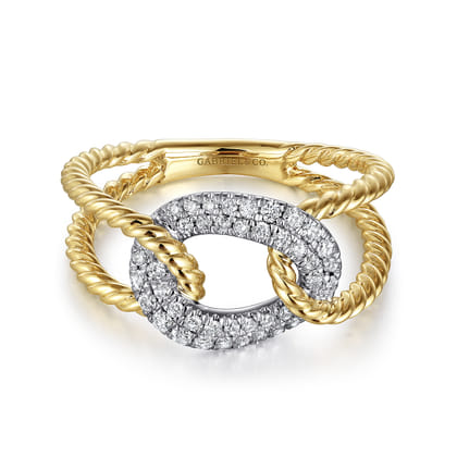 14K Yellow and White Gold Twisted Rope Link Ring with Diamond Pave Station