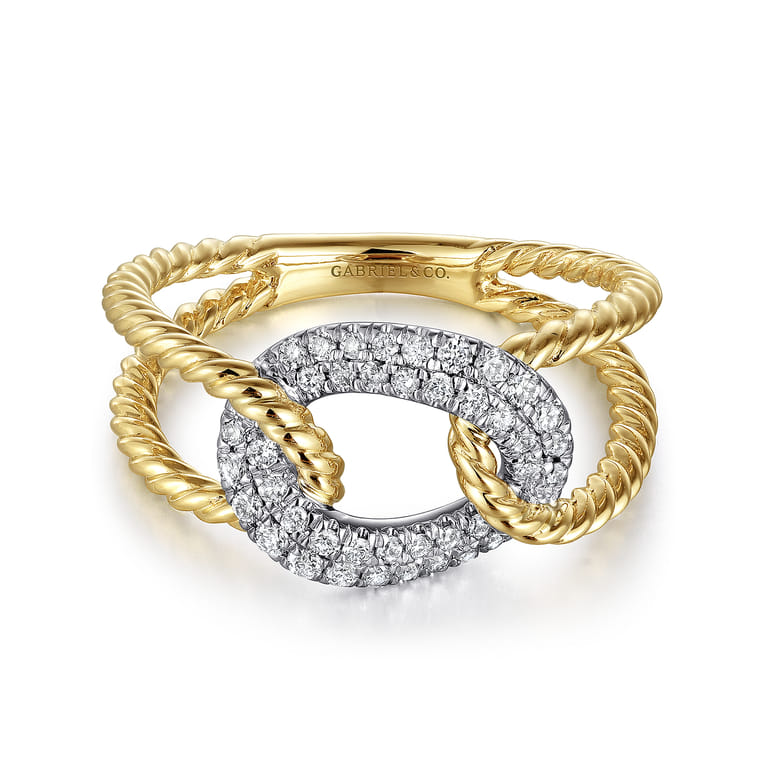 14K Yellow and White Gold Twisted Rope Link Ring with Diamond Pave Station - 0.25 ct - Shot 1