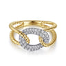 14K Yellow and White Gold Twisted Rope Link Ring with Diamond Pave Station - 0.25 ct