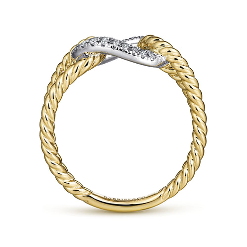 14K Yellow and White Gold Twisted Rope Link Ring with Diamond Pave Station - 0.25 ct - Shot 2