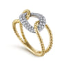 14K Yellow and White Gold Twisted Rope Link Ring with Diamond Pave Station - 0.25 ct