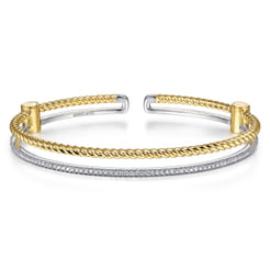 14K Yellow and White Gold Twisted Rope and Diamond Cuff Bracelet