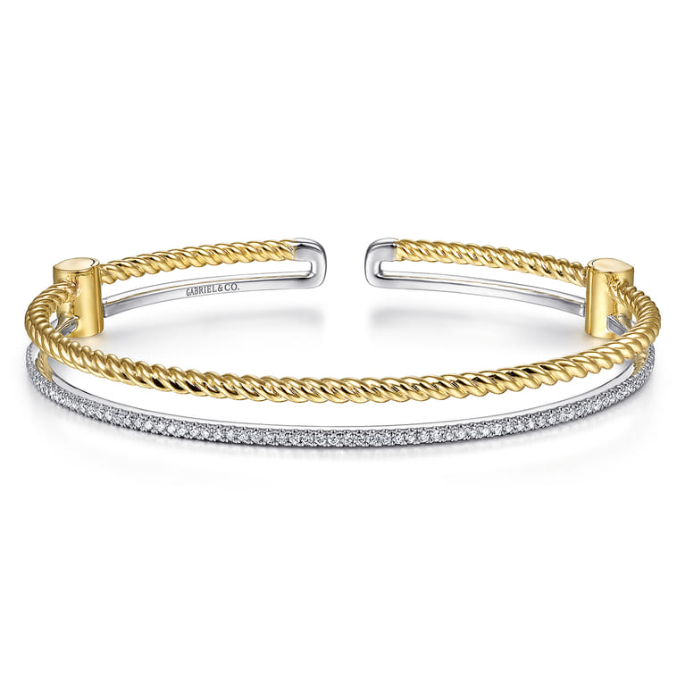 14K Yellow and White Gold Twisted Rope and Diamond Cuff Bracelet - 0.35 ct - Shot 1