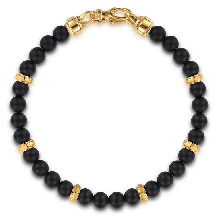 14K Yellow gold and 6mm Black Titanium Bead Men's Bracelet - Shot 1