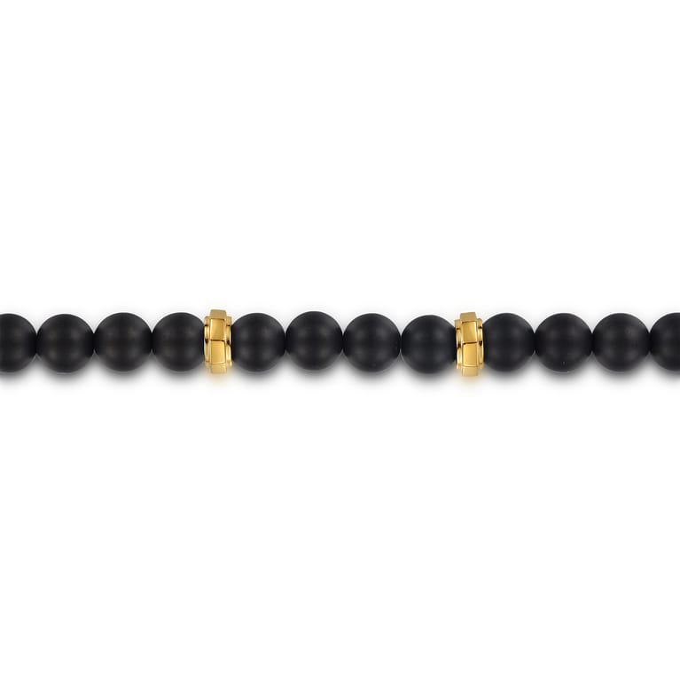 14K Yellow gold and 6mm Black Titanium Bead Men's Bracelet - Shot 2