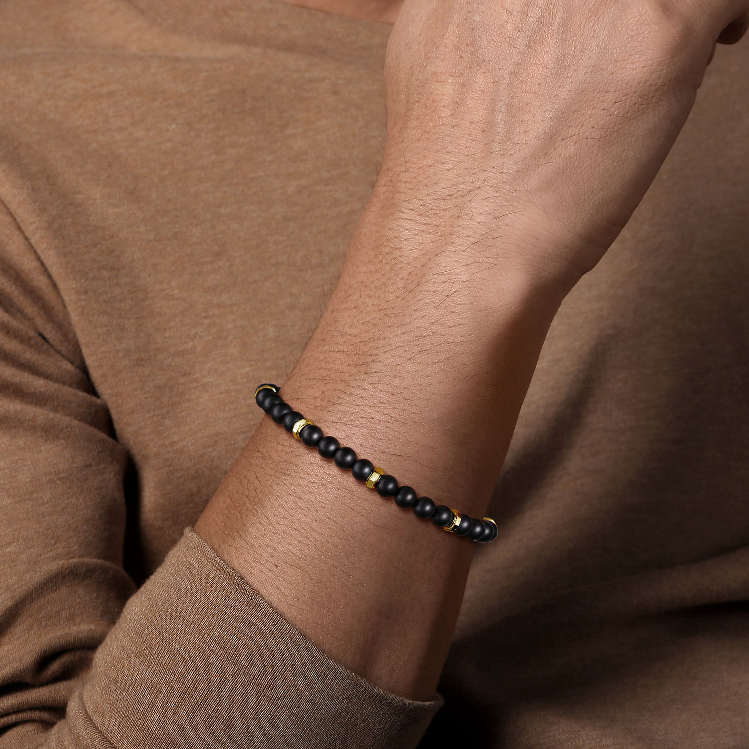 14K Yellow gold and 6mm Black Titanium Bead Men's Bracelet - Shot 3