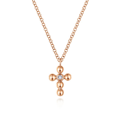 14k Rose Gold Orb Diamond Cross Necklace