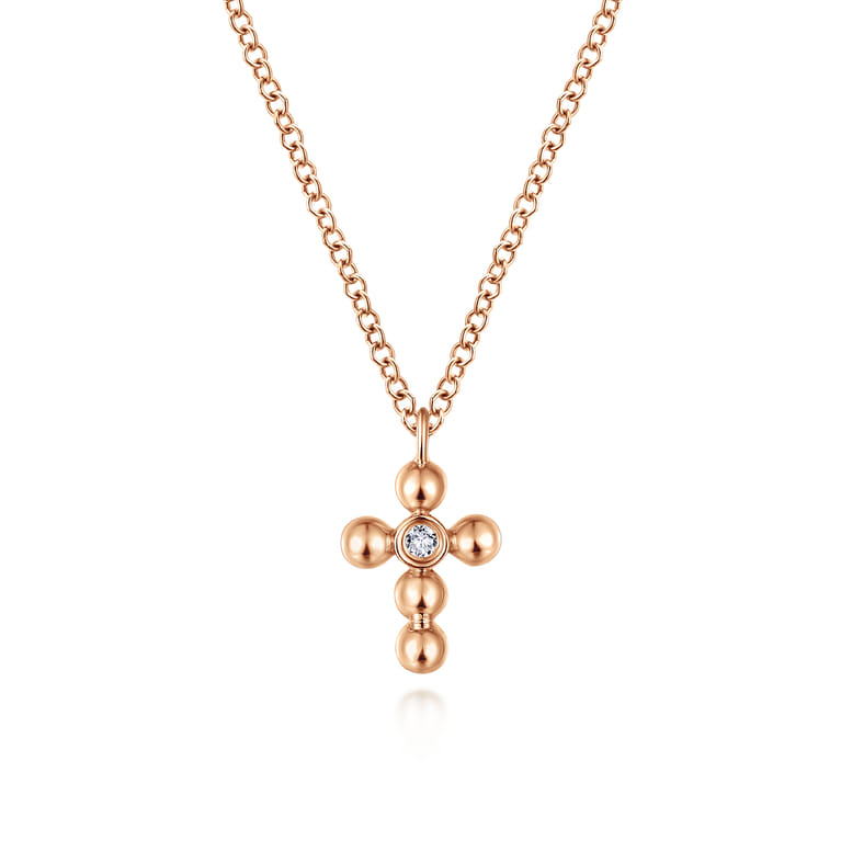 14k Rose Gold Orb Diamond Cross Necklace - 0.02 ct - Shot 1