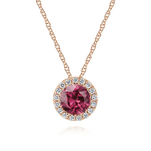 14k Rose Gold Round Cut Diamond Halo  Pink Tourmaline Pendant Necklace